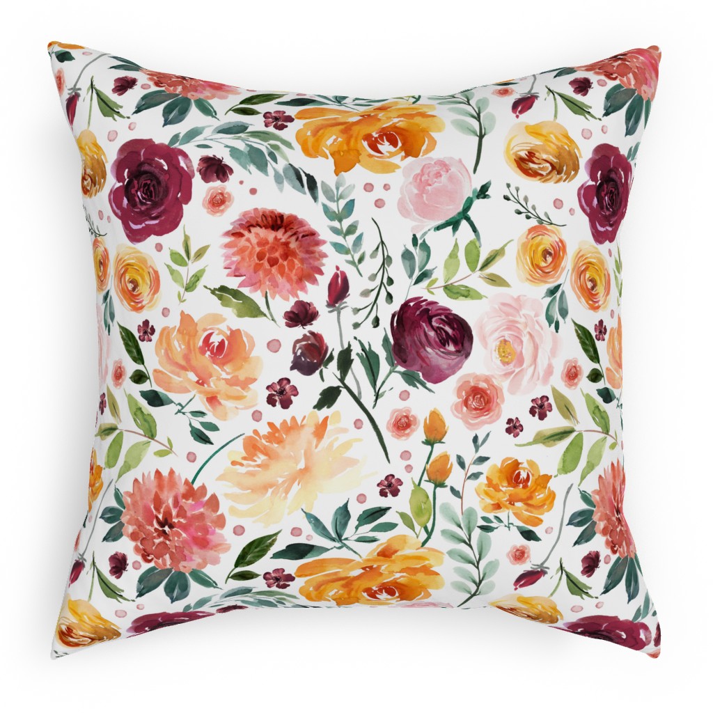 Orange Burgandy Floral Pillow, Woven, White, 18x18, Double Sided, Multicolor