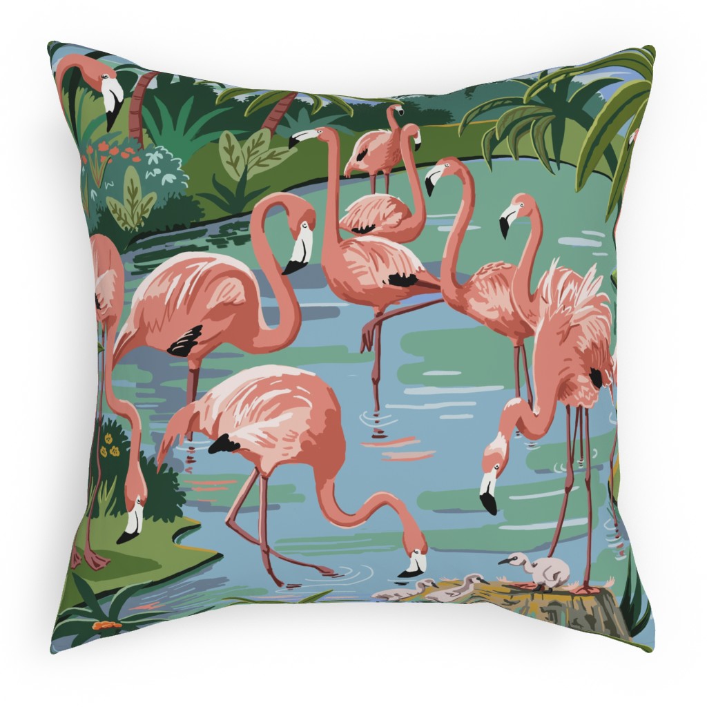 Flamingo Lagoon - Multicolor Pillow, Woven, White, 18x18, Double Sided, Multicolor