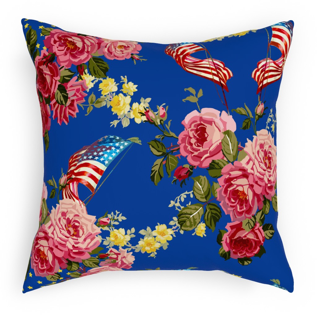 Americana Summer Roses - Blue Pillow, Woven, White, 18x18, Double Sided, Blue, True Blue