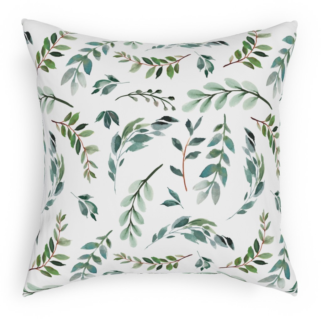 Paprika Floral Greenery Leafs - Green Pillow, Woven, White, 18x18, Double Sided, Green, Classic Green