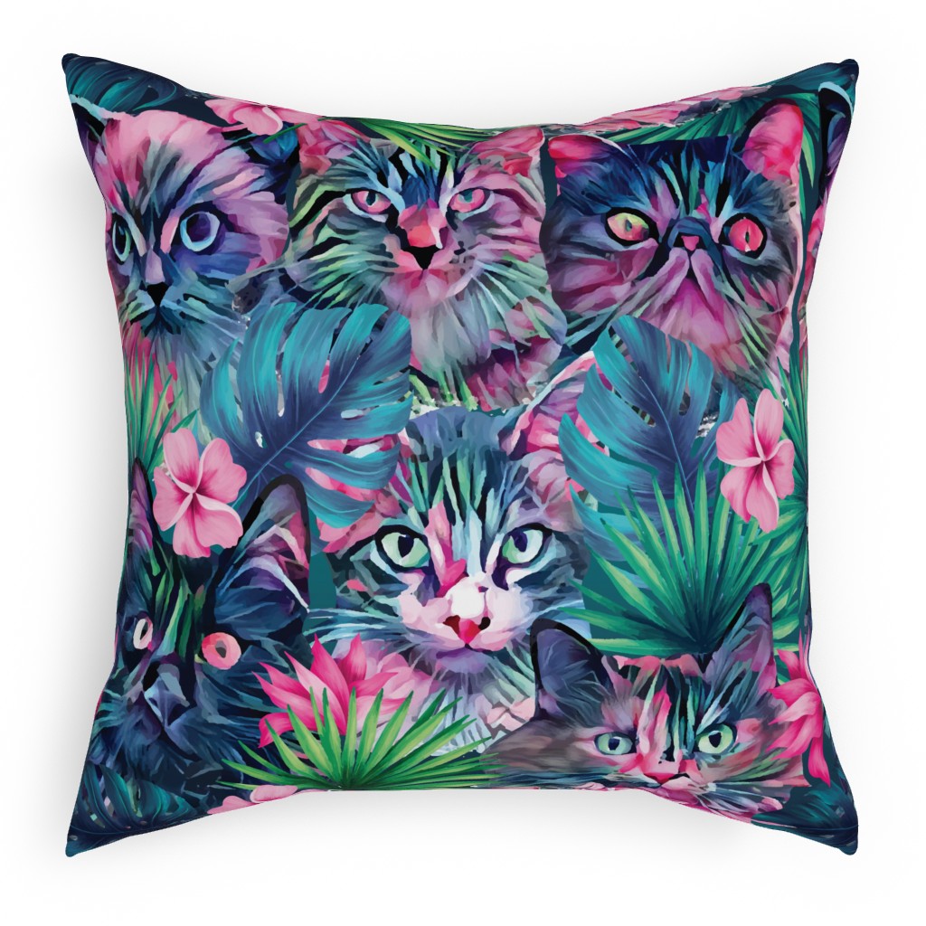 Cats and Summer Floral - Multi Pillow, Woven, White, 18x18, Double Sided, Multicolor