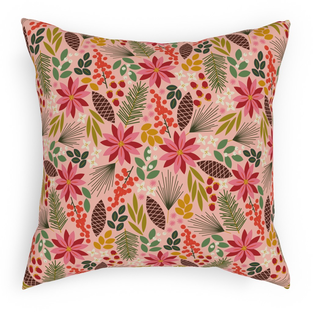 Pinecones and Berries - Pink Pillow, Woven, White, 18x18, Double Sided, Pink, Bright Pink