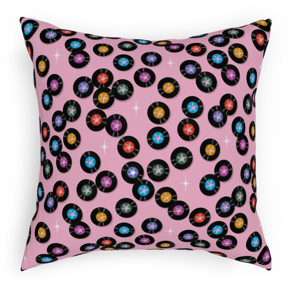 Pop Star Vintage Vinyl Records Pillow, Woven, White, 18x18, Double Sided, Pink