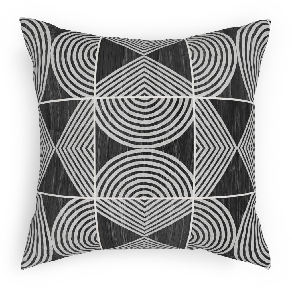 Boho Tribal Woodcut Geometric Shapes Pillow, Woven, White, 18x18, Double Sided, Black