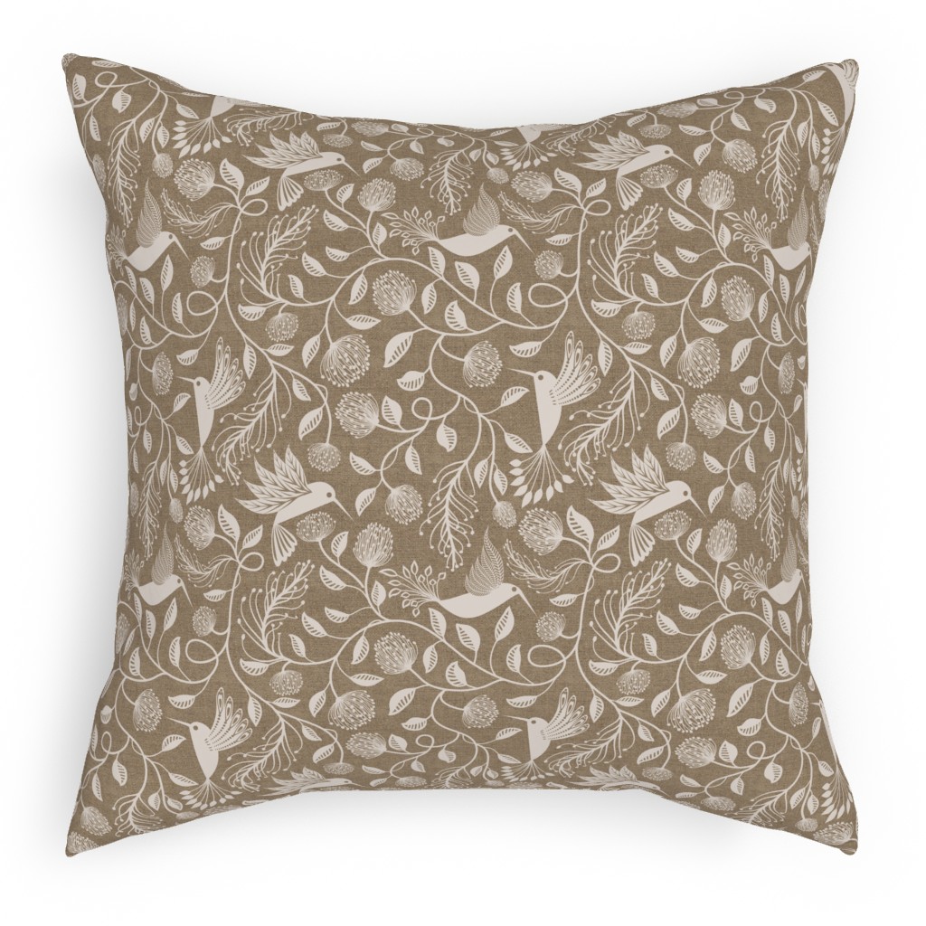 Papercutting Floral and Hummingbirds - Neutral Pillow, Woven, White, 18x18, Double Sided, Beige