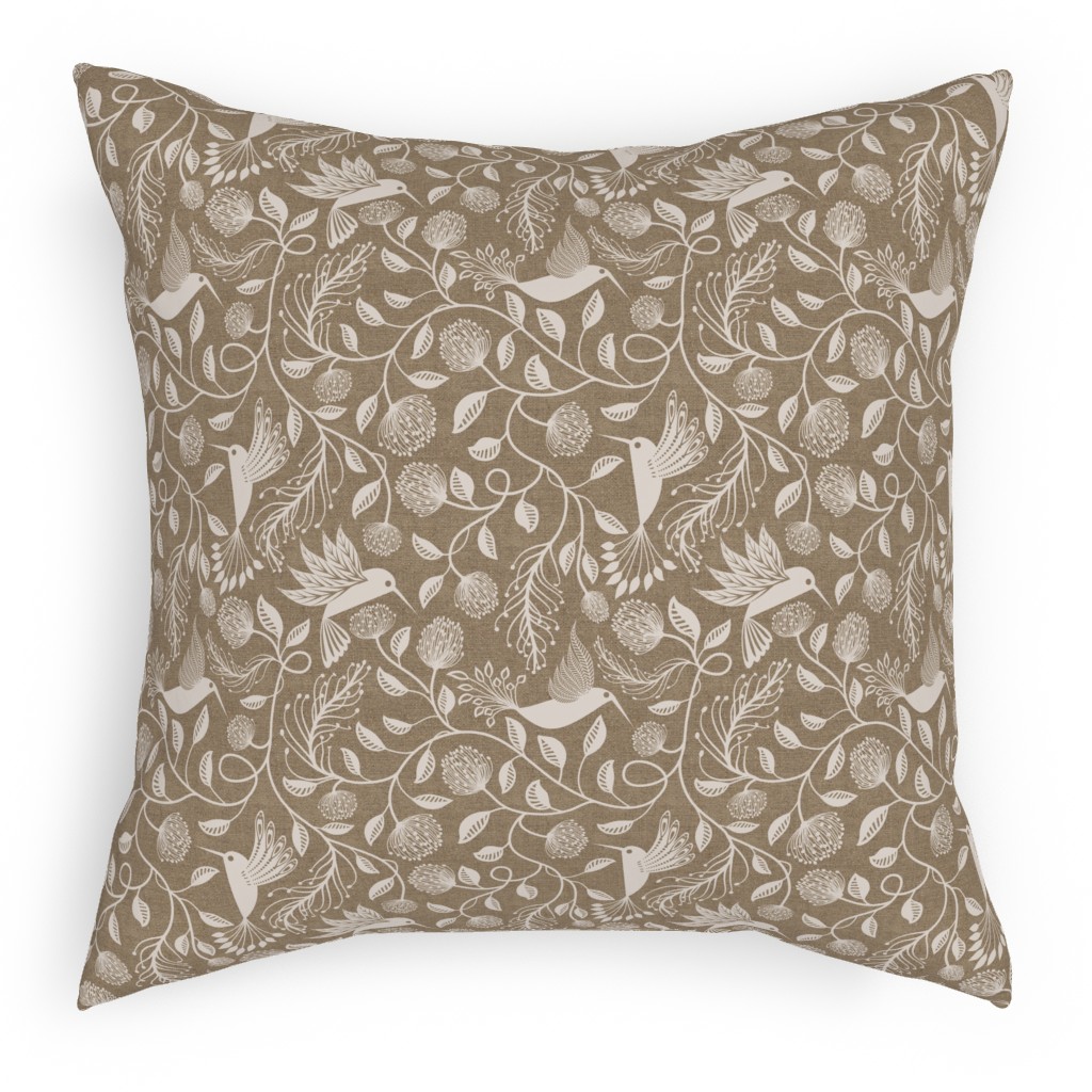 Papercutting Floral and Hummingbirds - Neutral Pillow, Woven, White, 18x18, Double Sided, Beige, Pearl