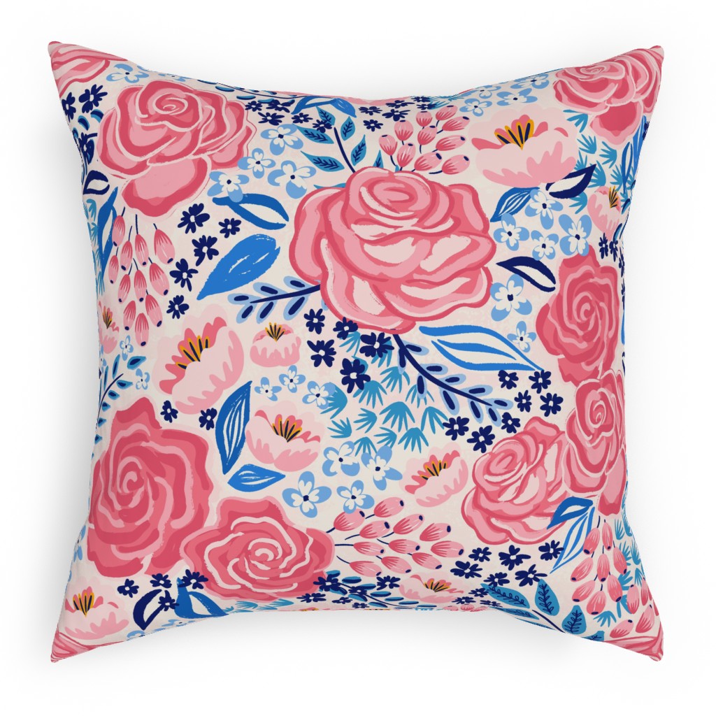 Chintz Roses - Coral and Blue Pillow, Woven, White, 18x18, Double Sided, Pink