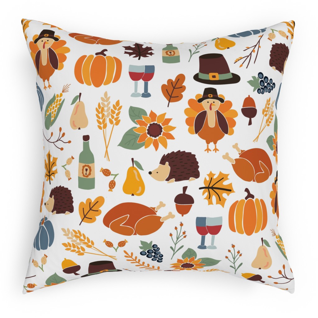 Thanksgiving - Multi on White Pillow, Woven, White, 18x18, Double Sided, Multicolor