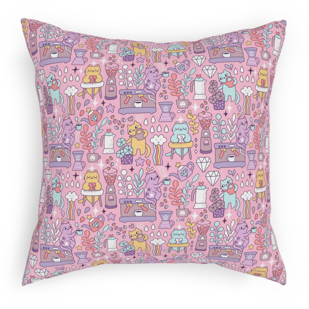 Cute Cats - Multicolor Pastel Pillow, Woven, White, 18x18, Double Sided, Pink