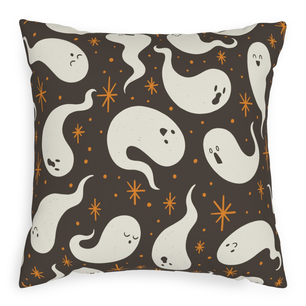 Friendly Ghosts - Black Pillow, Woven, White, 20x20, Double Sided, Gray