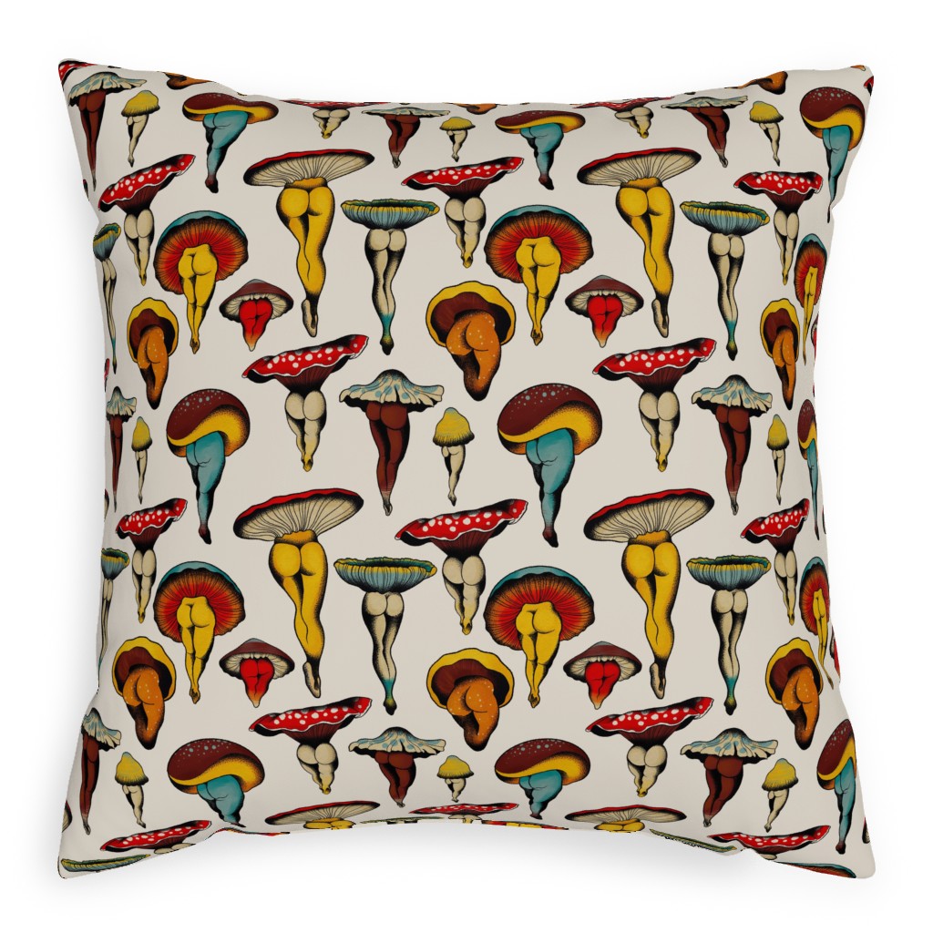 Sexy Mushrooms Pillow, Woven, White, 20x20, Double Sided, Multicolor