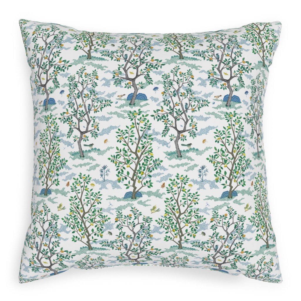 Citrus Trees - Blue and Green on White Pillow, Woven, White, 20x20, Double Sided, Green