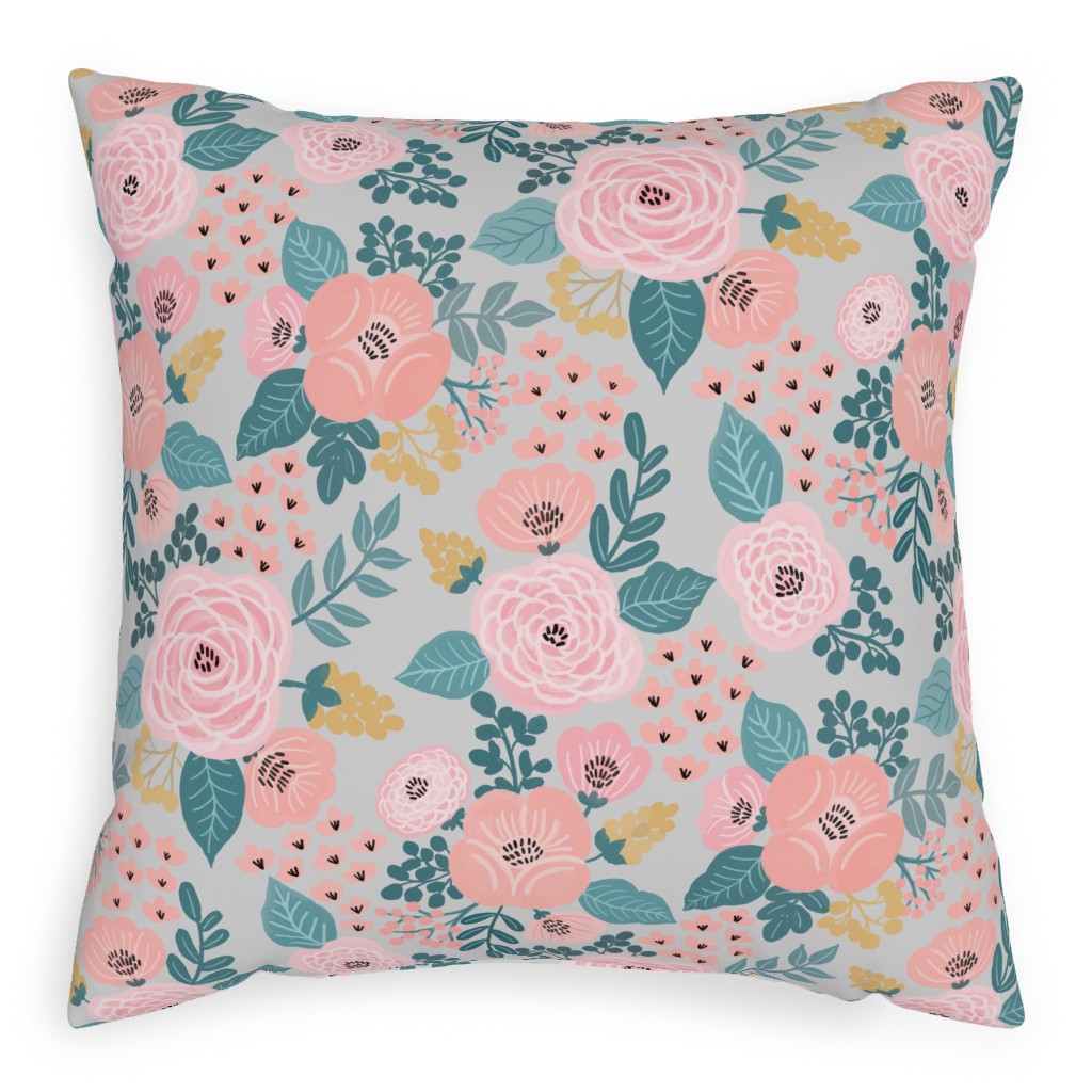 June Botanicals - Gray Pillow, Woven, White, 20x20, Double Sided, Pink, Bright Pink