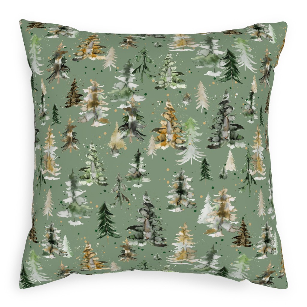 Watercolor Pines and Spruces Christmas - Green Pillow, Woven, White, 20x20, Double Sided, Green
