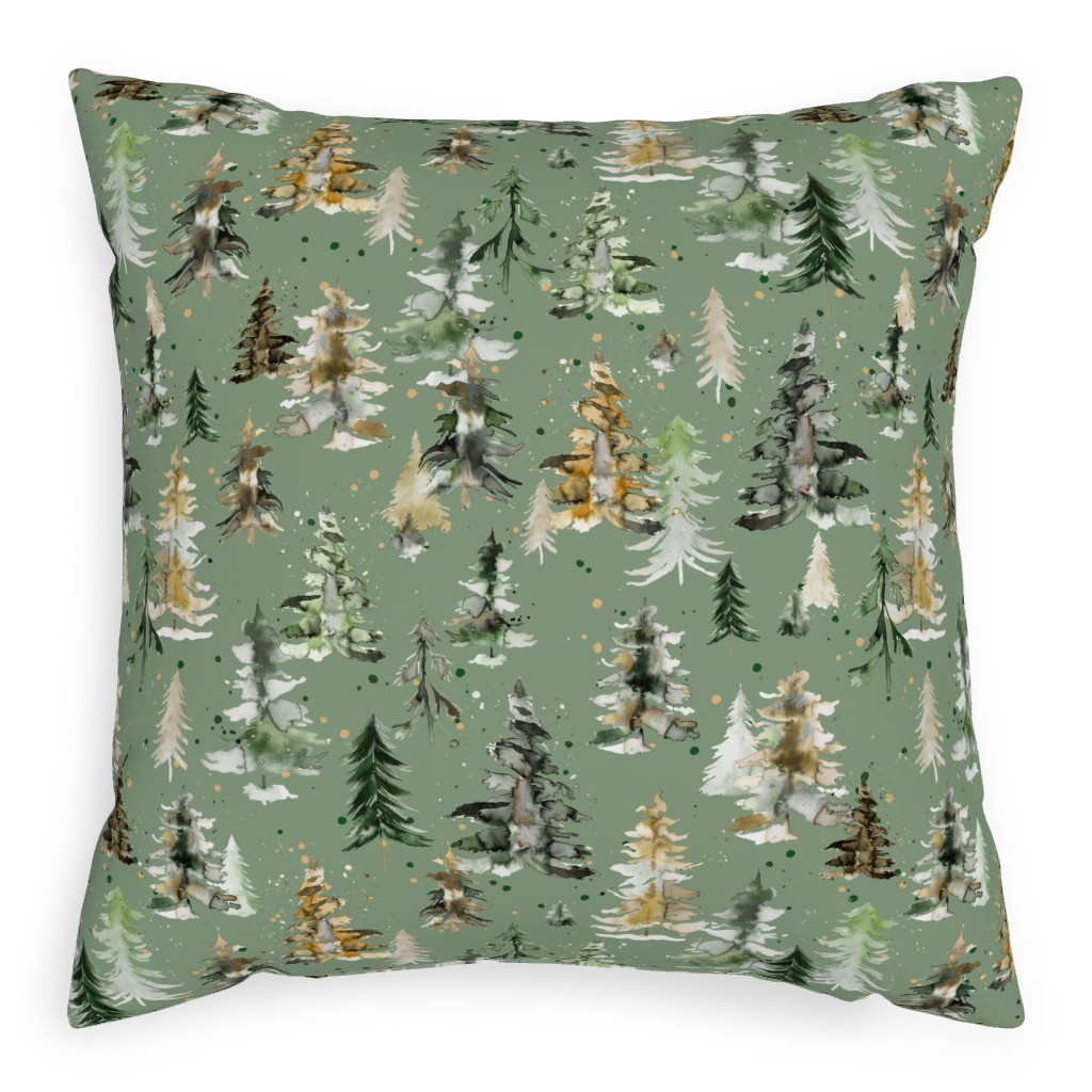 Watercolor Pines and Spruces Christmas - Green Pillow, Woven, White, 20x20, Double Sided, Green, Classic Green