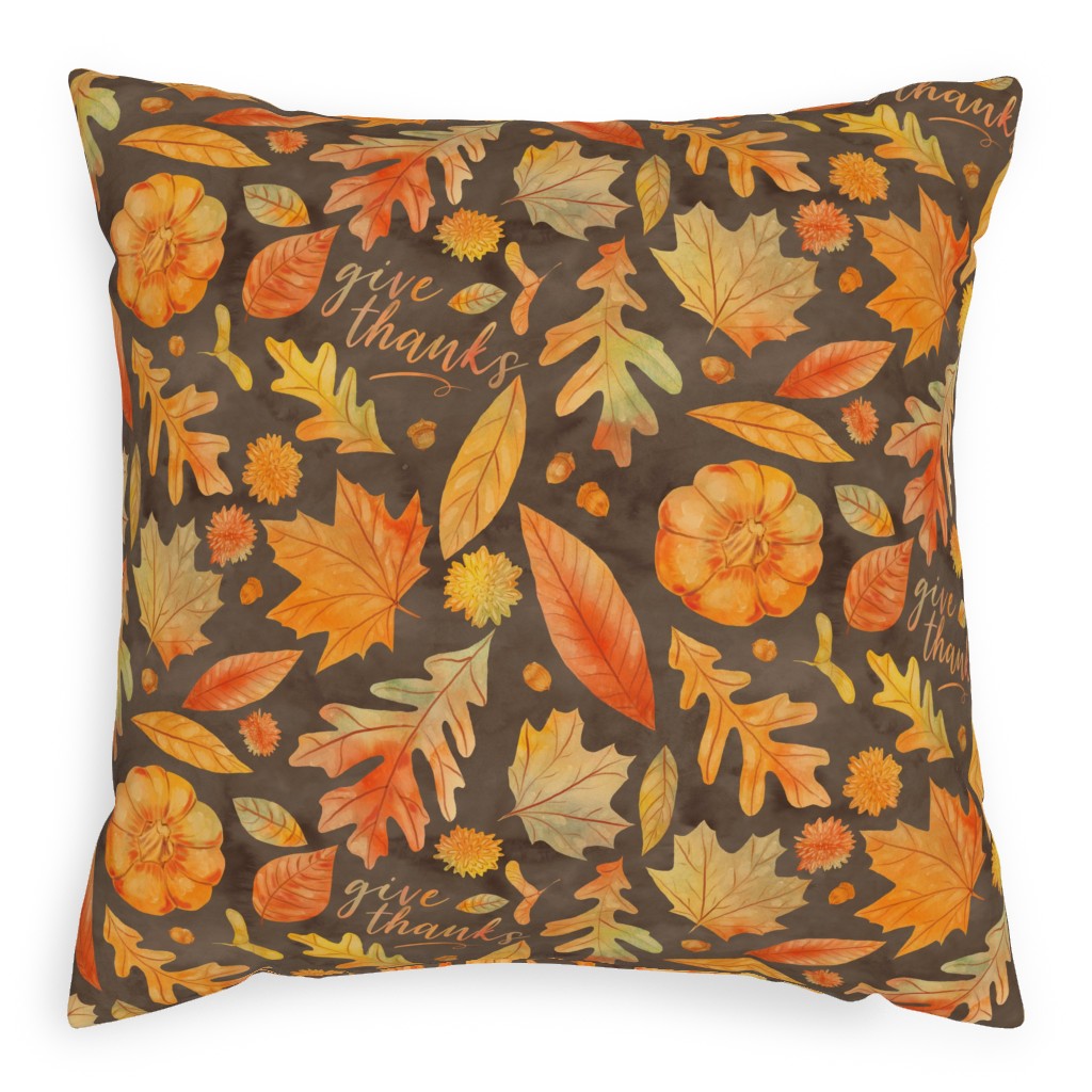 Give Thanks Watercolor Leaves - Brown Pillow, Woven, White, 20x20, Double Sided, Orange, Orange