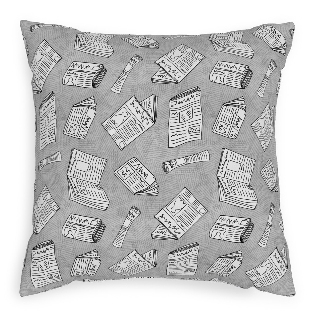 Newsprint Pillow, Woven, White, 20x20, Double Sided, Gray, Silver
