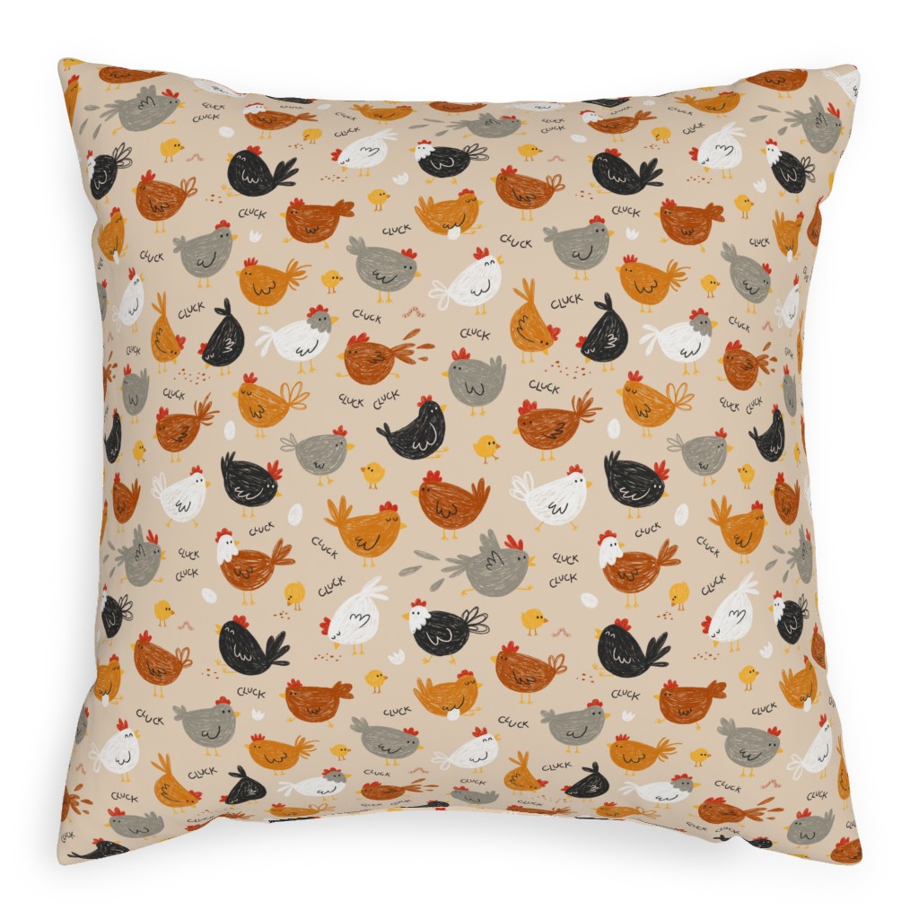 Hens - Brown Pillow, Woven, White, 20x20, Double Sided, Beige, Pearl