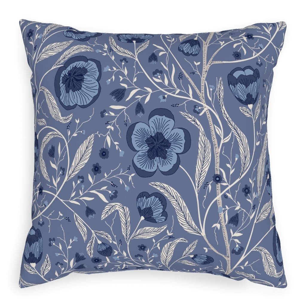 Climbing Flowers and Leafs - Blue Pillow, Woven, White, 20x20, Double Sided, Blue, True Blue