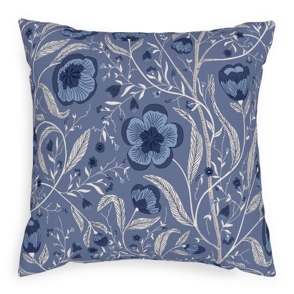 Climbing Flowers and Leafs - Blue Pillow, Woven, White, 20x20, Double Sided, Blue