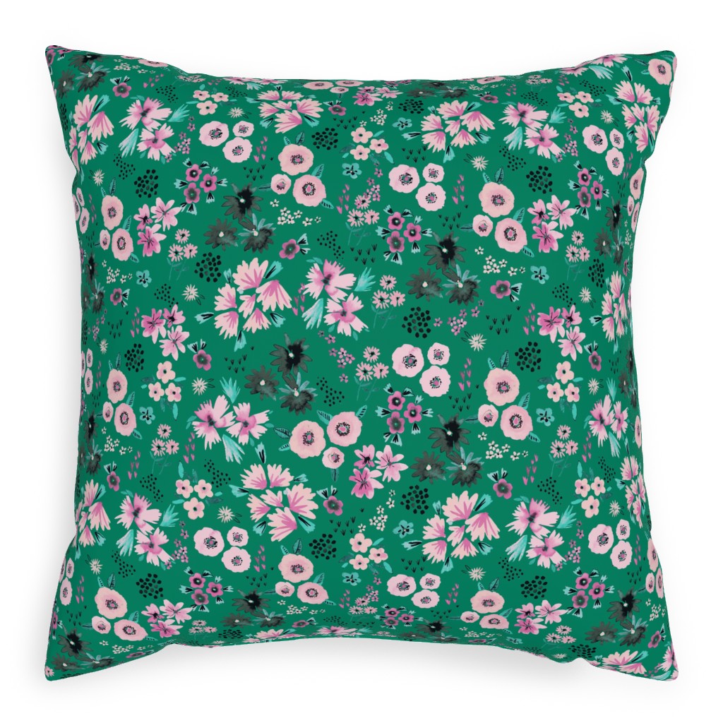 Artful Little Flowers - Green Pillow, Woven, White, 20x20, Double Sided, Green, Classic Green