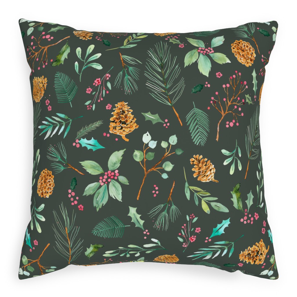 Christmas Holiday Botanical on Dark Green Pillow, Woven, White, 20x20, Double Sided, Blue