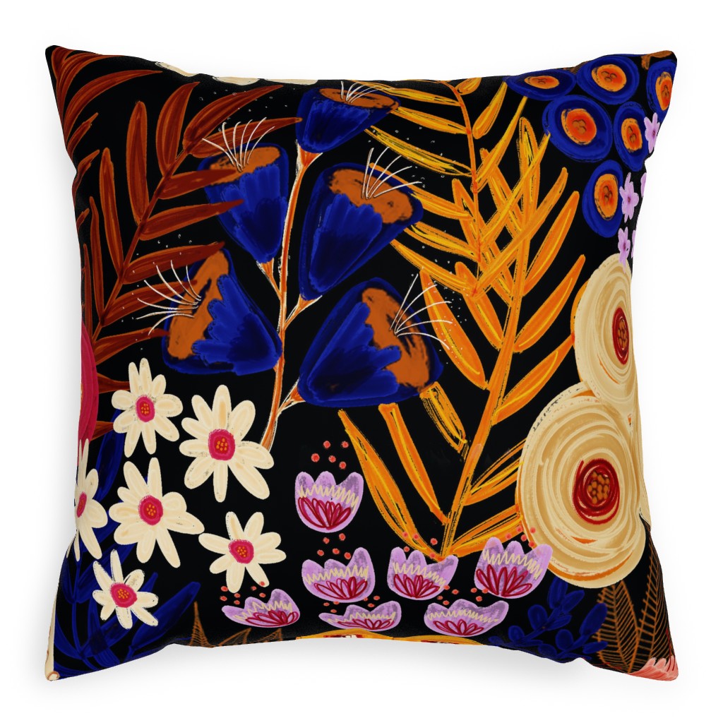 Wildflowers - Multi on Black Pillow, Woven, White, 20x20, Double Sided, Multicolor