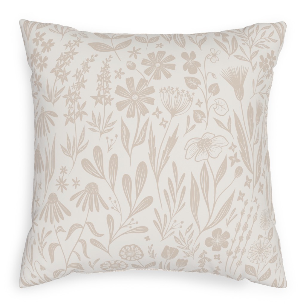 Wildflowers - Tan and Cream Pillow, Woven, White, 20x20, Double Sided, Beige, Pearl