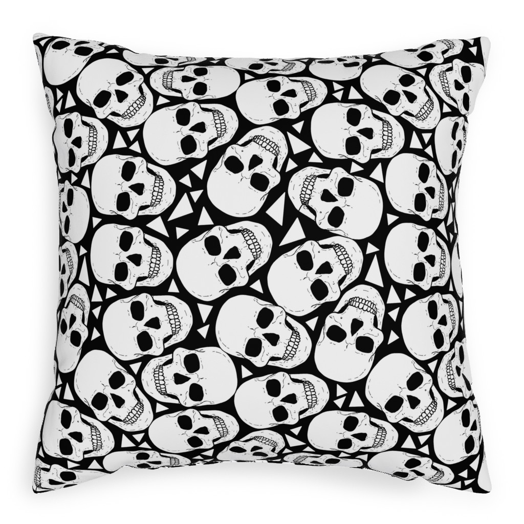Skulls With Triangles - Black and White Pillow, Woven, White, 20x20, Double Sided, White