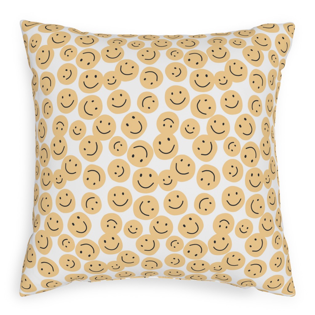 Happy Smiley Faces - Yellow Pillow, Woven, White, 20x20, Double Sided, Yellow