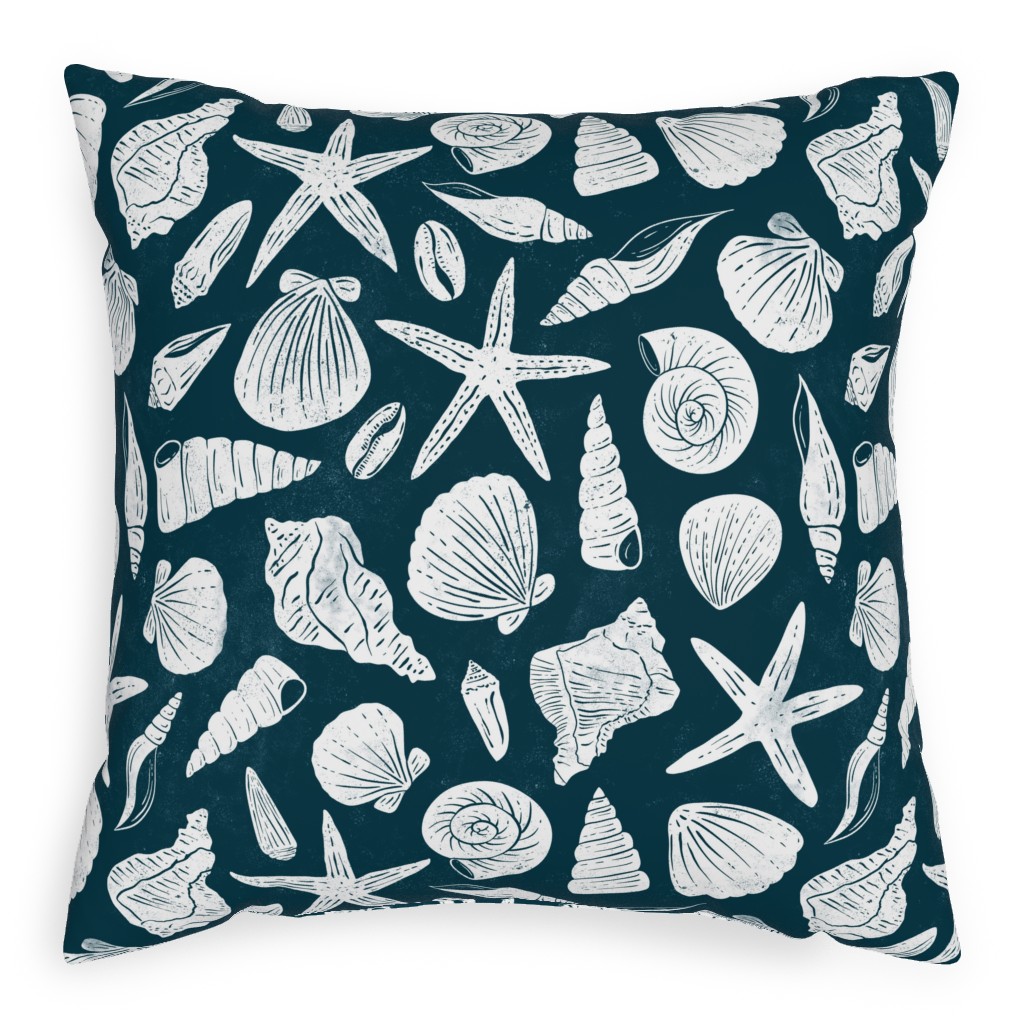 Textured Ocean Seashells - Dark Blue Pillow, Woven, White, 20x20, Double Sided, Blue