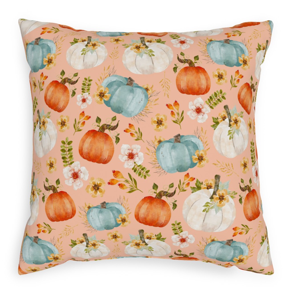 Rustic Farmhouse Pumpkins on Pale Peach Pillow, Woven, White, 20x20, Double Sided, Orange
