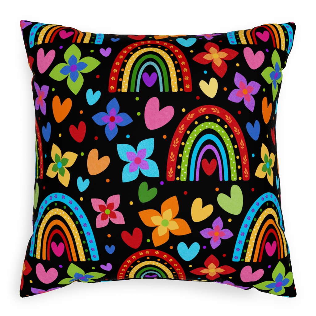 Colorful Rainbows, Flowers, Hearts - Black Pillow, Woven, White, 20x20, Double Sided, Multicolor