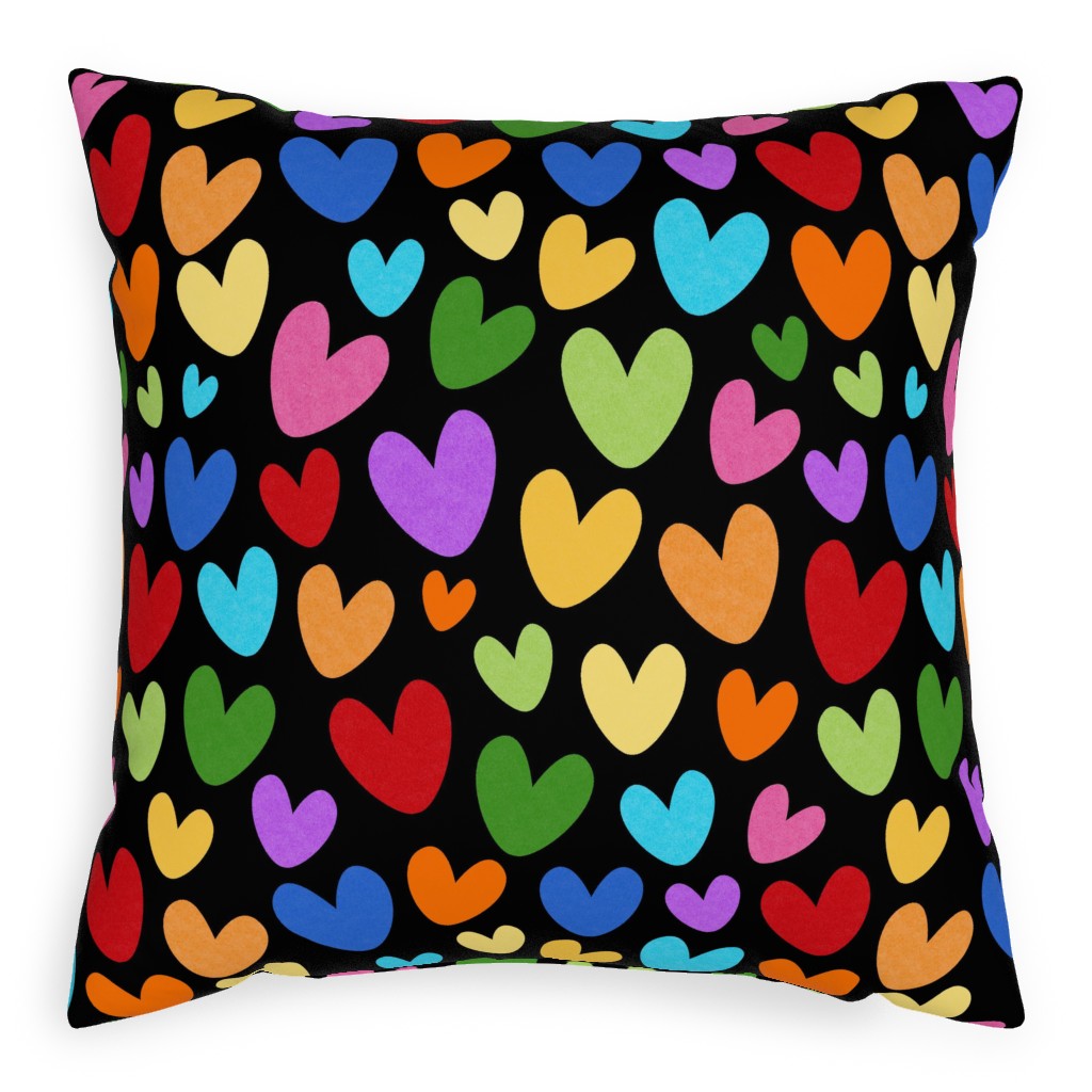 Rainbow Hearts - Black Pillow, Woven, White, 20x20, Double Sided, Multicolor