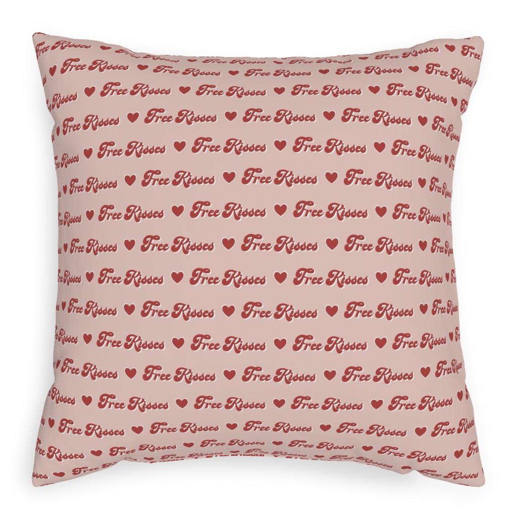 Free Kisses - Retro Hearts - Red on Pink Pillow, Woven, White, 20x20, Double Sided, Pink, Bright Pink