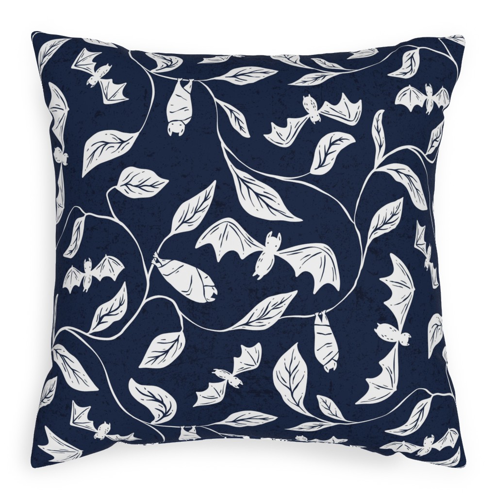 Bat Forest - White on Navy Pillow, Woven, White, 20x20, Double Sided, Blue