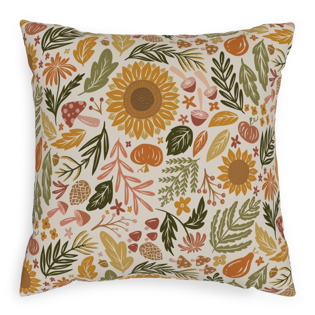 Autumn Botanicals - Leaves, Acorns, Sunflowers, Ferns, Mums, Pinecones, Mushrooms - Light Pillow, Woven, White, 20x20, Double Sided, Multicolor