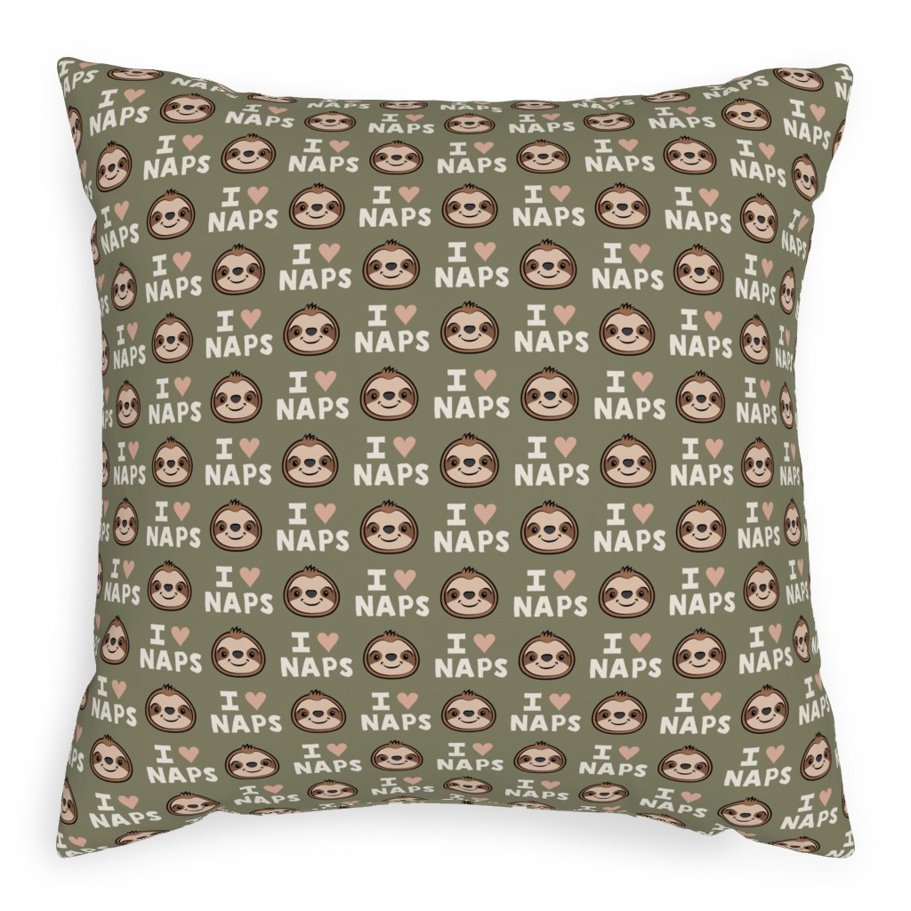 I Heart Naps - Cute Sloths - Olive Green Pillow, Woven, White, 20x20, Double Sided, Green