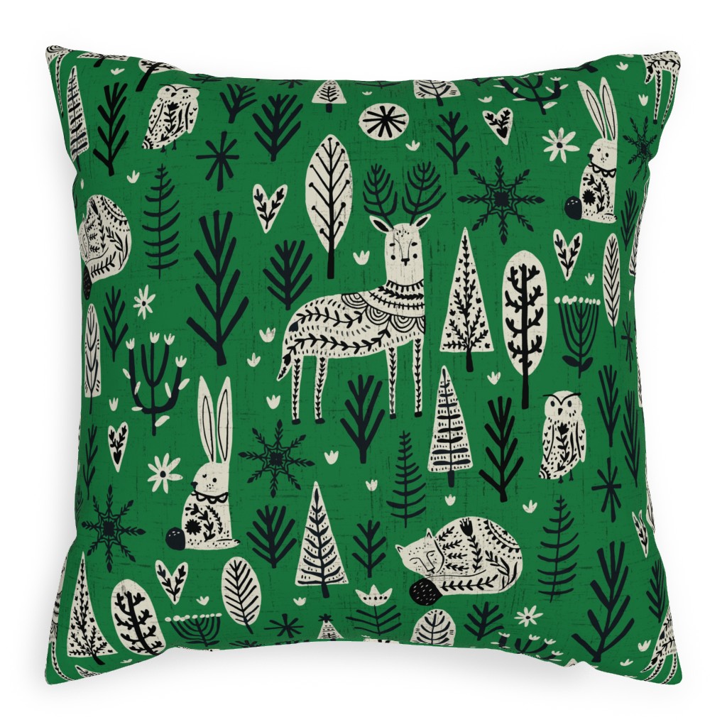 Scandi Snowflake Holiday - Alligator Green With Vanilla & Black Pillow, Woven, White, 20x20, Double Sided, Green