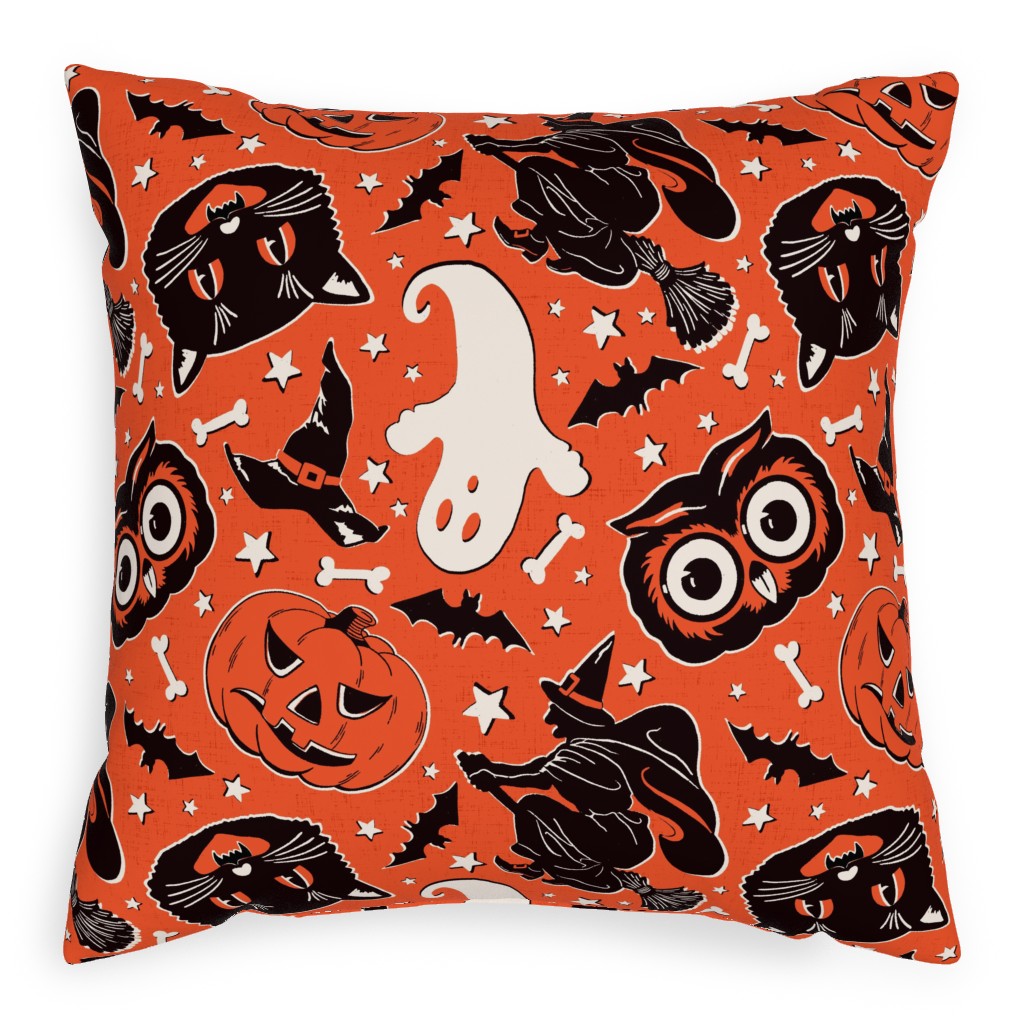 Vintage Halloween - Black & White on Orange Pillow, Woven, White, 20x20, Double Sided, Orange, Orange