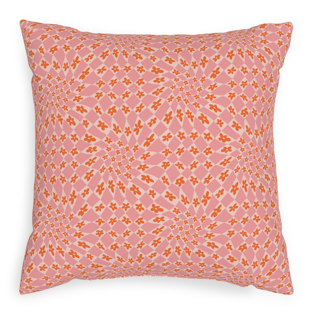 Trippy Checker - Floral - Pink and Orange Pillow, Woven, White, 20x20, Double Sided, Pink, Bright Pink