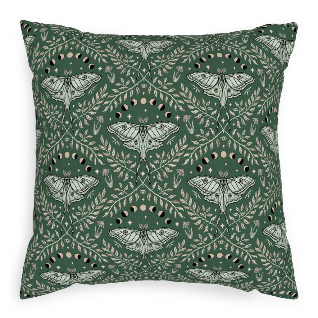Luna Moths Damask With Moon Phases - Green Pillow, Woven, White, 20x20, Double Sided, Green