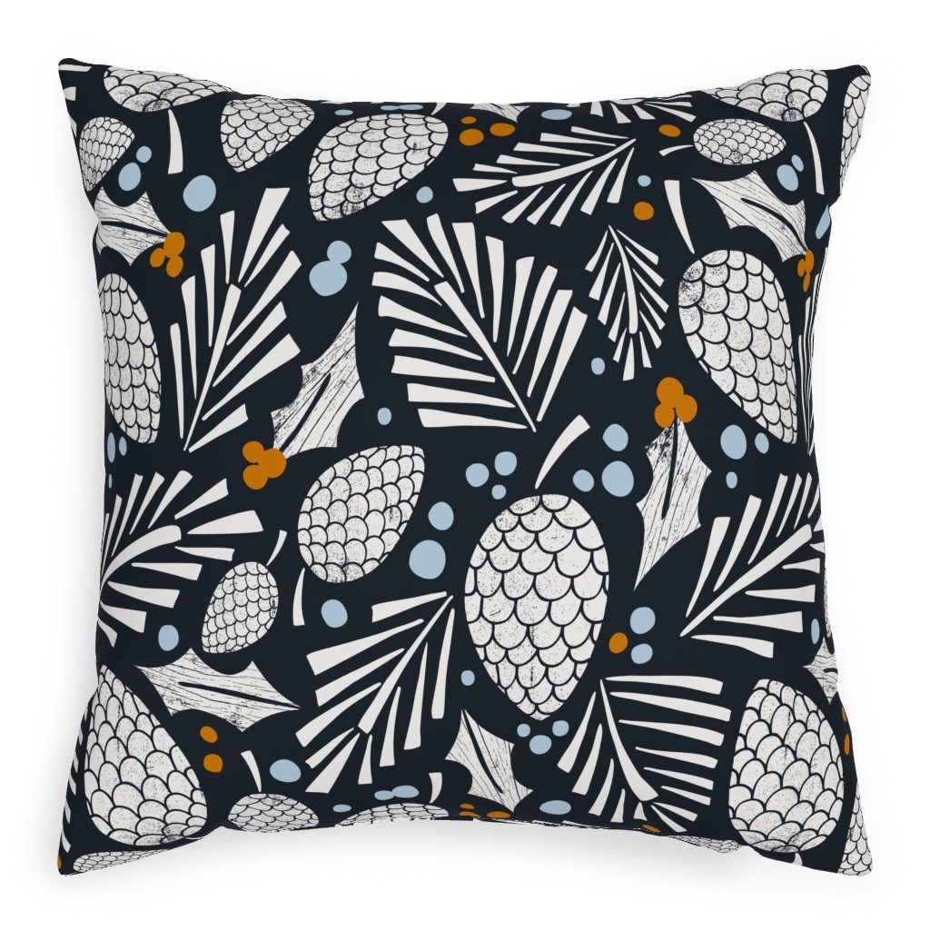 Winter Woodlands Christmas Pinecones - Midnight Blue Pillow, Woven, White, 20x20, Double Sided, Blue