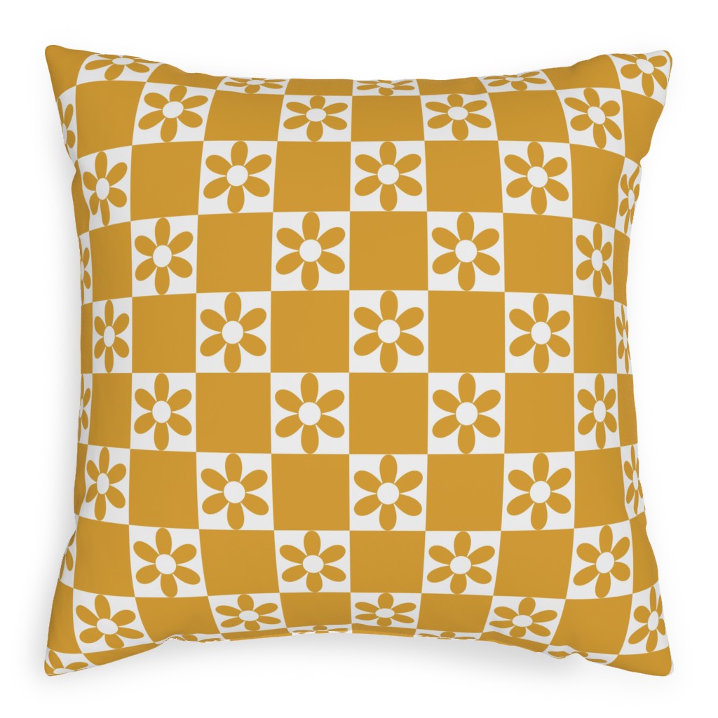 Daisy Checkerboard Pillow, Woven, White, 20x20, Double Sided, Yellow, Goldenrod