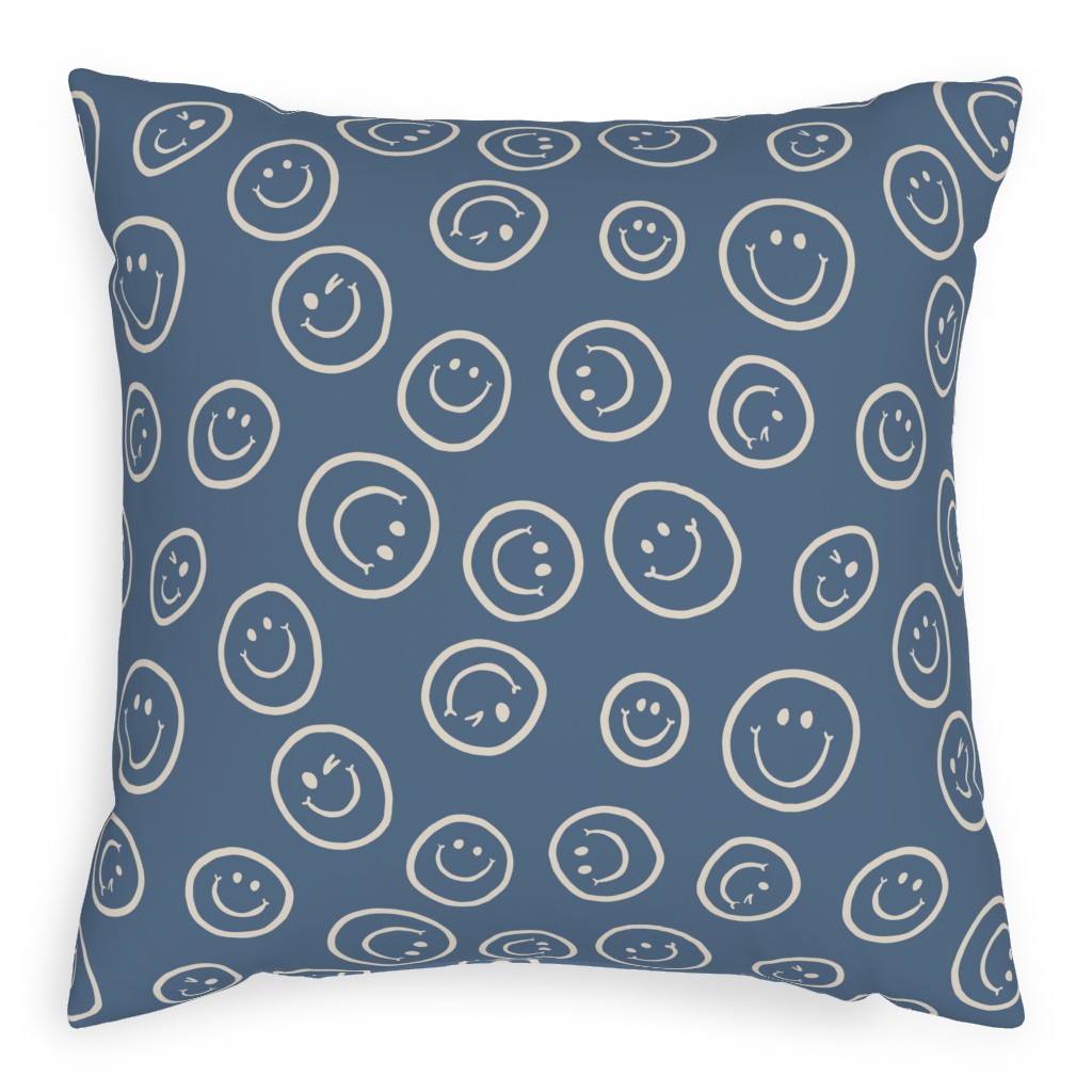 Smiley Winking Faces Pillow, Woven, White, 20x20, Double Sided, Blue