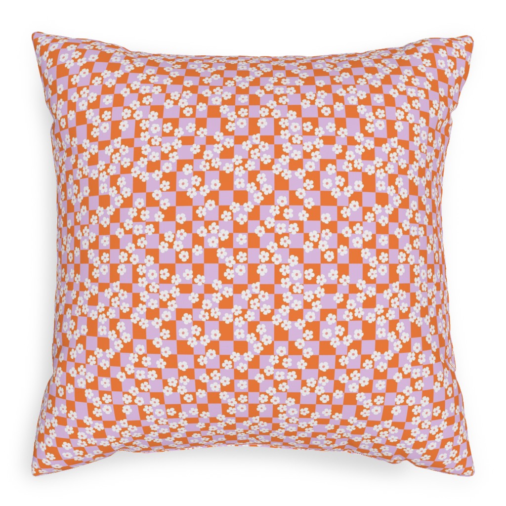 Checkered Daisies Retro - Orange and Pink Pillow, Woven, White, 20x20, Double Sided, Multicolor