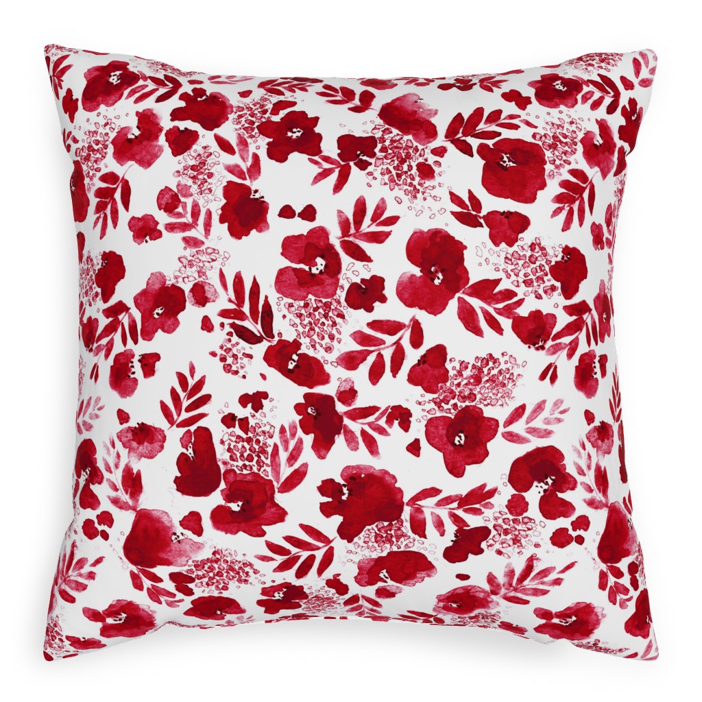 Floret Floral - Red Pillow, Woven, White, 20x20, Double Sided, Red, Red