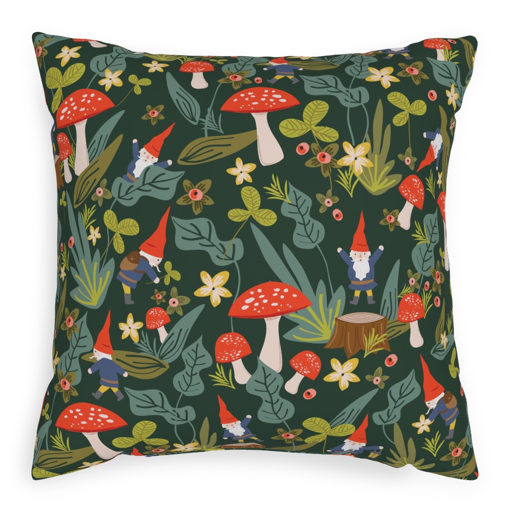 Woodland Gnomes & Mushrooms - Green Pillow, Woven, White, 20x20, Double Sided, Green, Classic Green