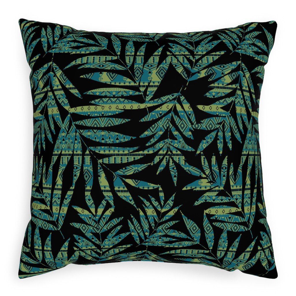 Patterned Palm - Dark Pillow, Woven, White, 20x20, Double Sided, Black