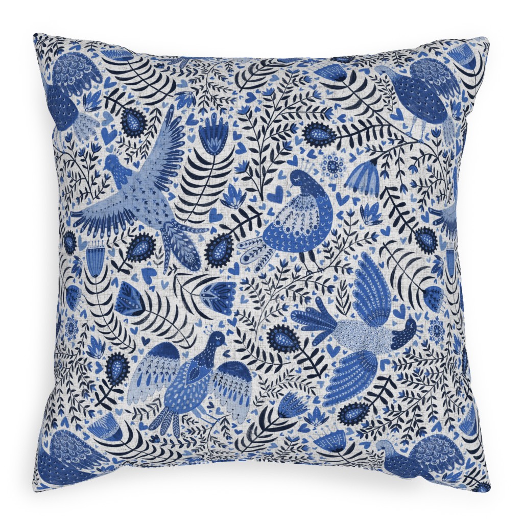 Scandinavian Birds - Indigo Blue Pillow, Woven, White, 20x20, Double Sided, Blue